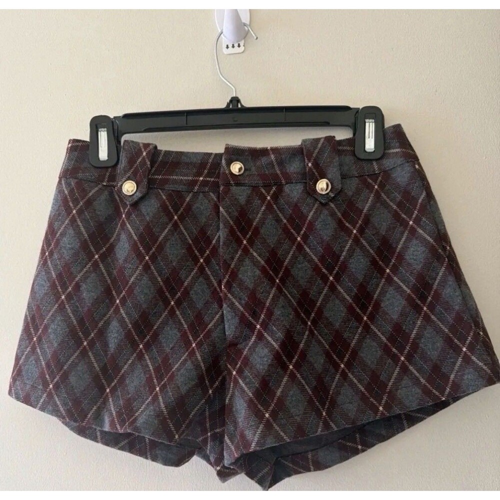 Women's Plaid Mid-Rise Shorts with Gold Metal Buttons From Cider XS